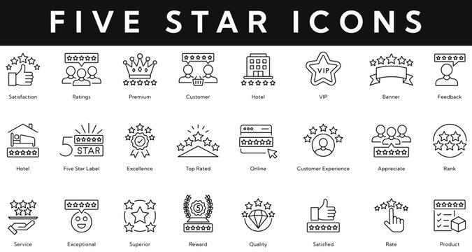 Five Star icon set contains satisfaction, ratings, premium, customer, feedback, quality, reward, service, hotel, top rated, experience, rank. Vector illustration outline icons with editable stroke