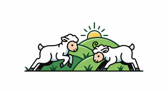 Two cartoon sheep frolic on rolling green hills beneath a rising sun icon