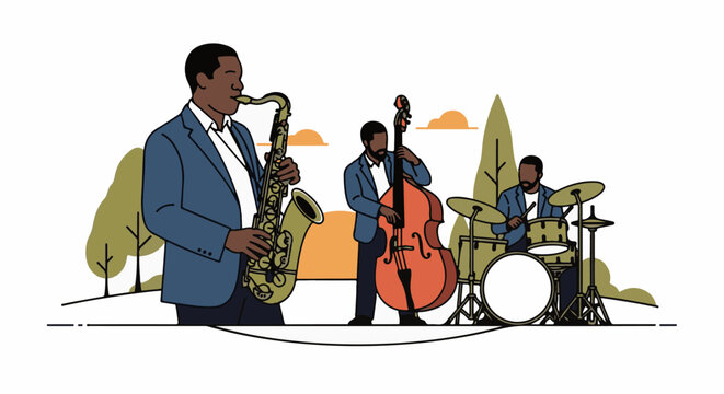 Trio plays jazz music outdoors with a saxophonist, bassist, and drummer