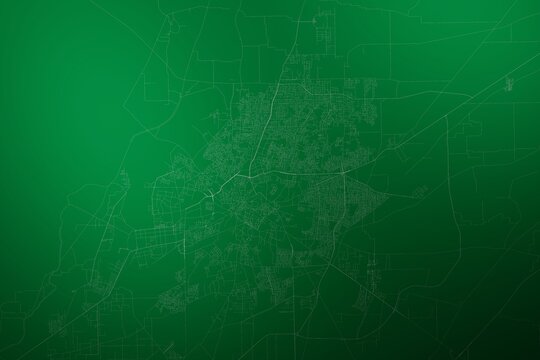 Map of the streets of Multan (Pakistan) made with white lines on abstract green background lit by two lights. Top view. 3d render, illustration