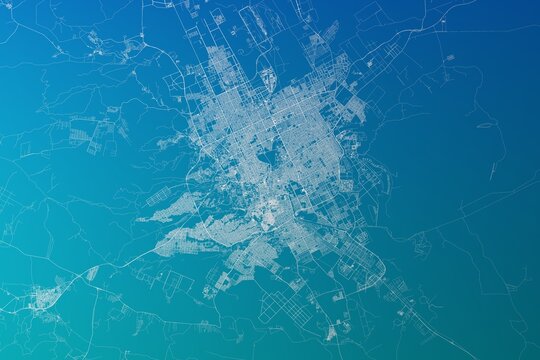 Map of the streets of Riyadh (Saudi Arabia) made with white lines on greenish blue gradient background. 3d render, illustration