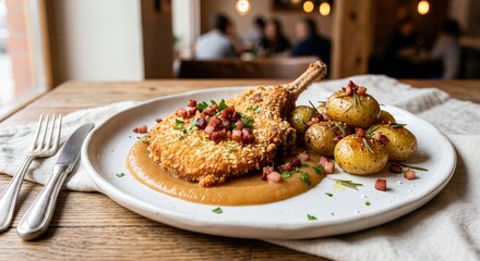 Cienki, panierowany w panko schabowy z kostką, smażony na złoto, ułożony na purée z pieczonego jabłka. Obok smażone ziemniaczki w mundurkach z rozmarynem. Całość posypana wędzonym boczkiem