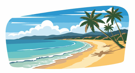 Obraz premium Sunny beach with palm trees, ocean waves, sandy shore, and distant mountains under a blue sky with clouds