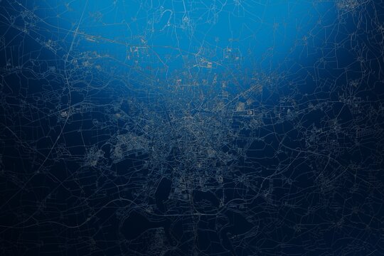 Street map of Leipzig (Germany) engraved on blue metal background. View with light coming from top. 3d render, illustration