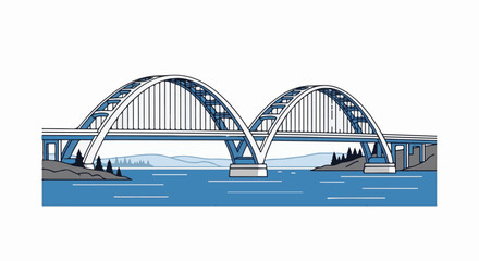 Fototapeta premium Twin arch bridge spanning a blue river with distant hills and trees