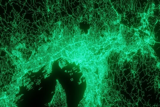 Map of the streets of Oslo (Norway) made with green illumination and glow effect. Top view on roads network. 3d render, illustration