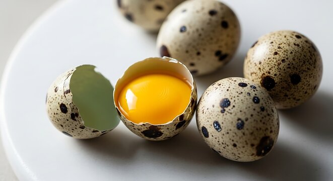 Fresh Quail Eggs with One Cracked Bright Orange Yolk on White Plate