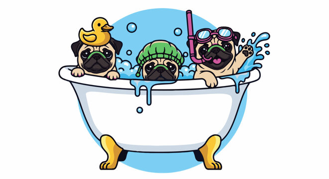 Three cute pugs in a bathtub, two with hats, one with snorkel gear, playing