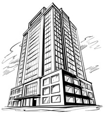 Fototapeta premium Sketch of a tall urban building with multiple floors and commercial spaces on the ground level