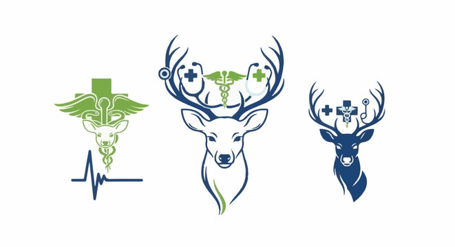 Three deer heads with medical symbols on their antlers and a heartbeat line below one