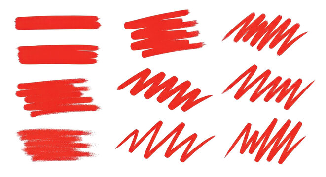 Red underline and strikethrough markers collection. Horizontal hand drawn marker stripes. 
