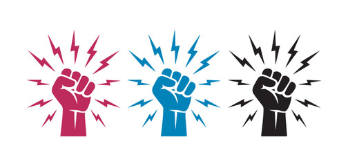 Fototapeta premium Fist knocking impact icon set, hand hit gesture outline in red blue black variations for alert notification door knock action vector illustration