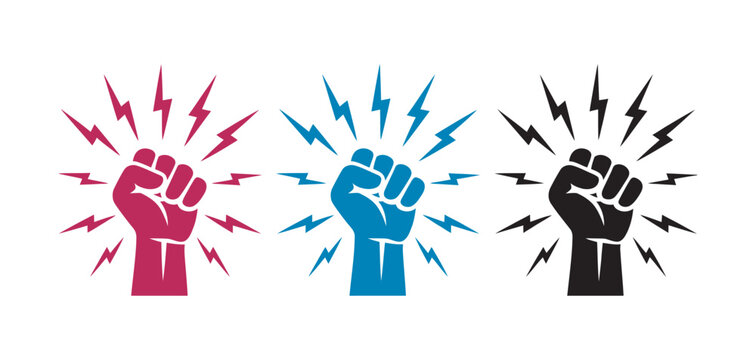 Fist knocking impact icon set, hand hit gesture outline in red blue black variations for alert notification door knock action vector illustration