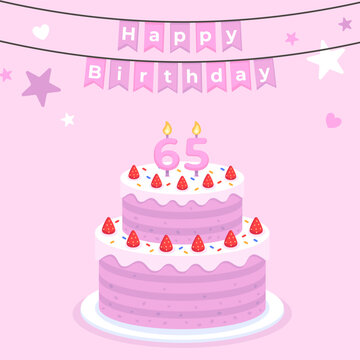 Girl birthday banner cake with candles shaped like the number 65