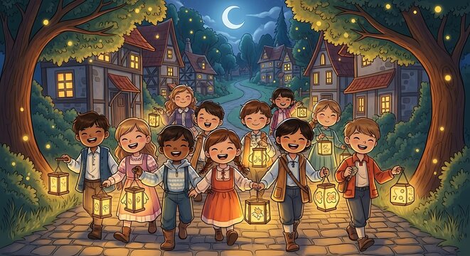 Children holding lanterns on a pathway.