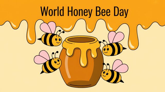 Cartoon illustration of honey bees flying around a honey pot on a soft yellow background