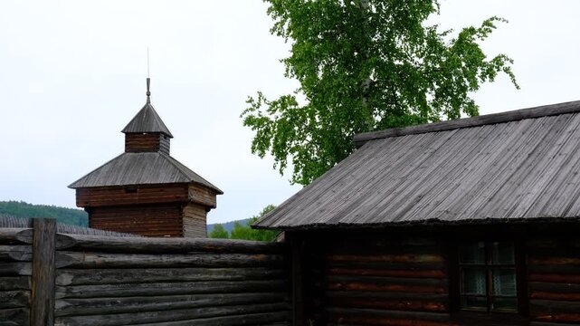 Historical and architectural monuments of the peoples of Eastern Siberia from the 17th to 20th centuries. Panorama of the ancient wooden building of the fortress 