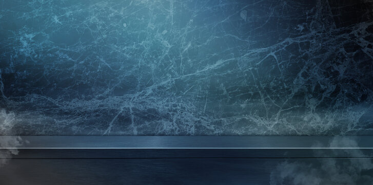 Dark Blue Marble Wall with Reflective Counter and Cinematic Smoke Background for Luxury Product Display Podium, Futuristic Neon Aesthetic Empty Studio Room for Presentation Showcase Backdrop.