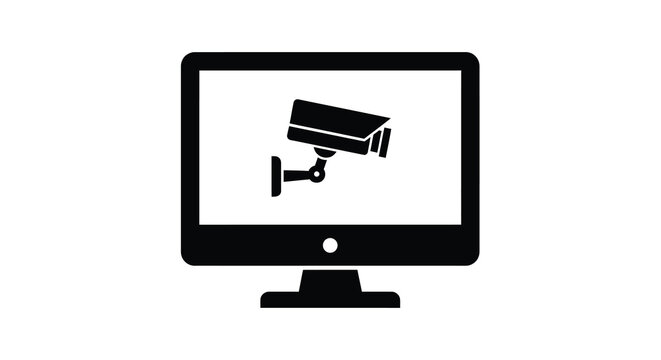 A simple black and white graphic depicts a computer monitor displaying a security camera icon high quality professional