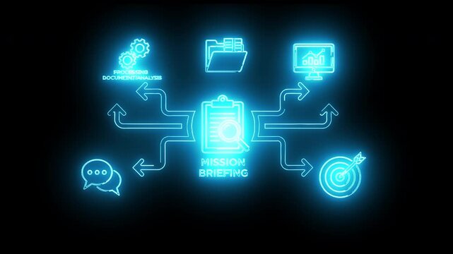 Glowing blue neon flowchart diagram with various icons on a black background.