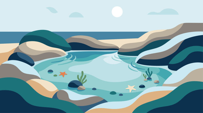 Minimal vector tidal pool with rocks and calm water reflections coastal nature scene