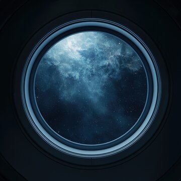Spaceship porthole revealing a deep cosmic view of a blue nebula and stars, symbolizing exploration, discovery, futuristic travel, and the wonder of the universe