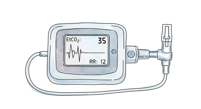 A medical device displays vital signs with a tube attached to it in a hospital setting.
