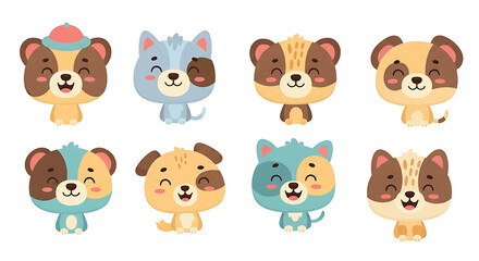 Fototapeta premium Cute cartoon animal characters bundle isolated on transparent background, colorful illustration set
