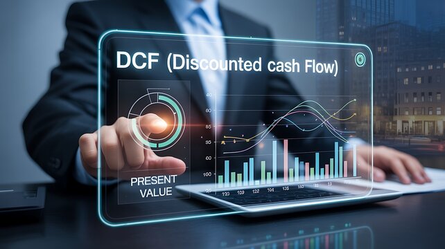Businessman analyzing financial data on a futuristic holographic screen with graphs
