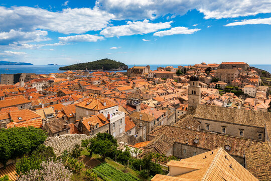 Dubrovnik a city in southern Croatia fronting the Adriatic Sea, Europe. Old city center of famous town Dubrovnik, Croatia. Picturesque view on Dubrovnik old town (medieval Ragusa) and Dalmatian Coast.