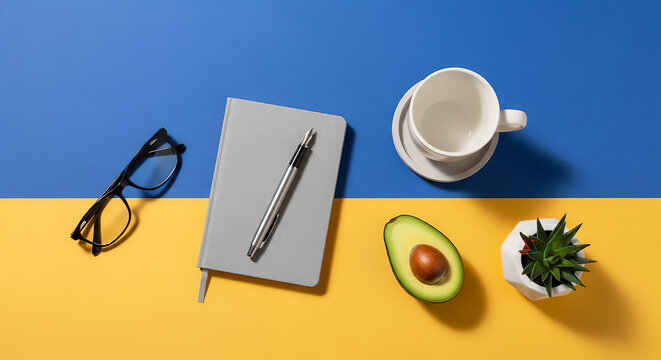 Top-down flat lay with bold color-blocked background in two contrasting colors,