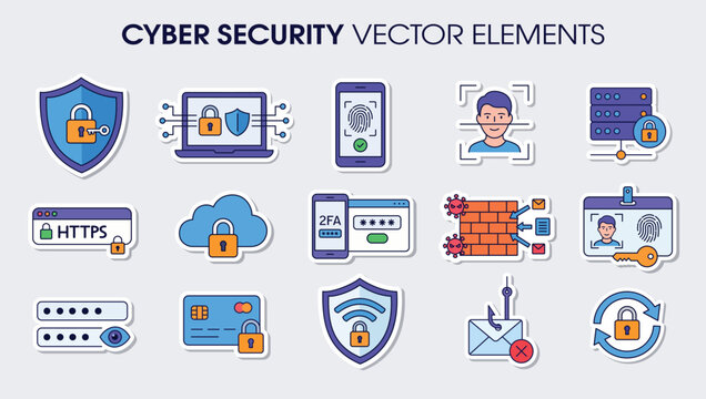 Cybersecurity flat icons and elements set. Data protection vector illustrations collection