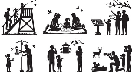 Obraz premium Family Birdwatching and Wildlife Nature Silhouette Vector: Parents and Kids Using Binoculars, Photography, and Outdoor Exploration