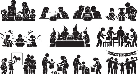 Obraz premium Family Birthday Party Celebration Silhouette Vector: Kids Blowing Candles, Opening Gifts, Playing Games, and Festive Fun