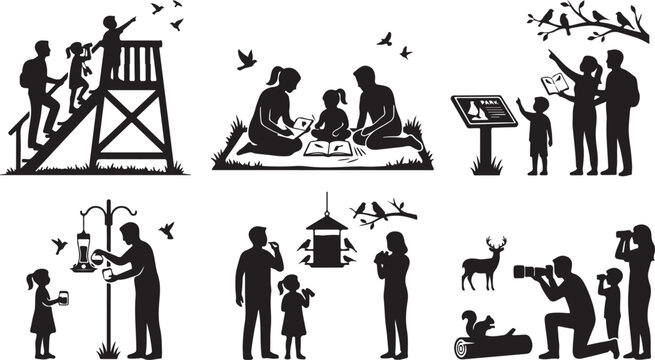  Family Birdwatching and Wildlife Nature Silhouette Vector: Parents and Kids Using Binoculars, Photography, and Outdoor Exploration