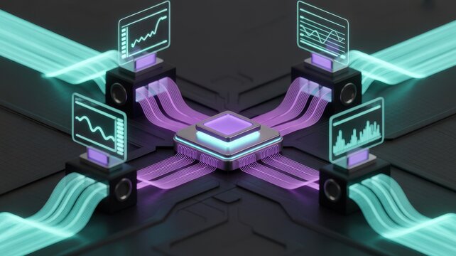 Advanced processor with data tracking charts and neon light streams
