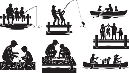 Family Fishing and Boating Silhouette Vector: Parents and Kids Fishing on Dock, Rowing Canoe, and Catching Fish Activities © RobiulIslam