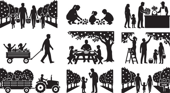 Family Fruit Picking and Orchard Silhouette Vector: Parents and Kids Picking Apples, Strawberries, and Farm Autumn Harvest Activities