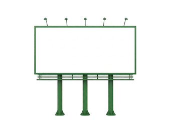 Fototapeta premium Large rectangular outdoor billboard structure with green metal supports and overhead lighting lamps PNG isolated on transparent