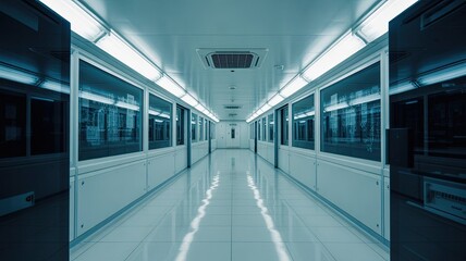 Fototapeta premium Sterile biotech lab corridor with glowing panels and reflective floors