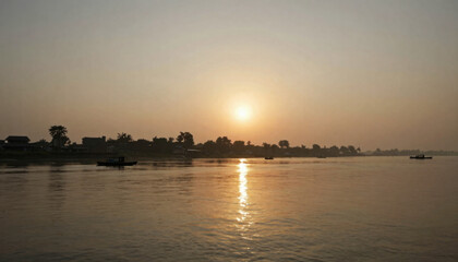 Naklejka premium sunset over calm river with silhouetted trees isolated on transparent background