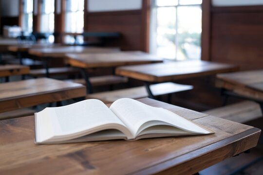 Open Book Rests on a Wooden Desk in a Classroom During Daytime With Windows Letting in Light