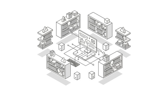 Isometric Line Art of Digital Library and Knowledge Management System Concept, Information Architecture, Online Database, and Educational Technology Illustration