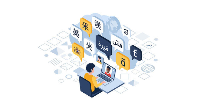 Isometric Illustration of Online Language Learning and Global Communication with Student on Laptop and Multilingual Speech Bubbles