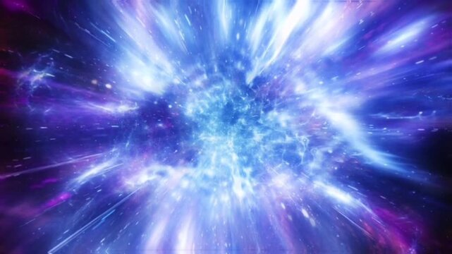 An intense, bright blue and white energy vortex is visible in the center, surrounded by purple and magenta nebula clouds.