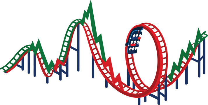 Isometric Rollercoaster Line Chart with Riders on Market Volatility Track Flat Vector Illustration