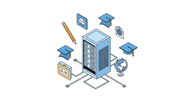 Isometric Online Education Server Illustration for E-learning and Digital School Data Management Concept