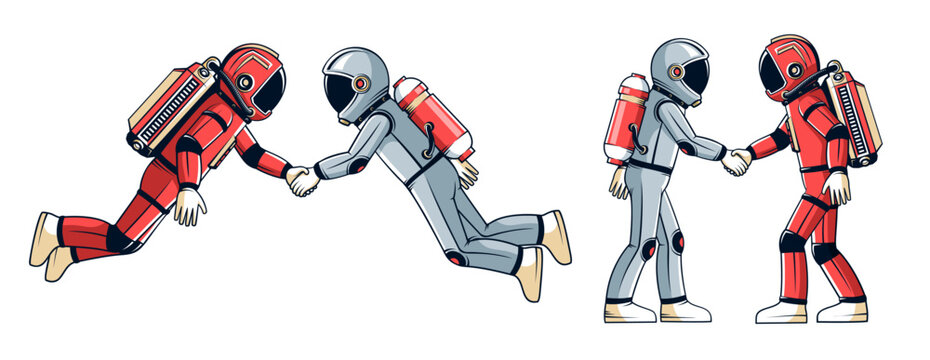 Two astronauts shaking hands in space suits symbolizing cooperation, partnership, agreement, and teamwork in space exploration. Vector illustration.