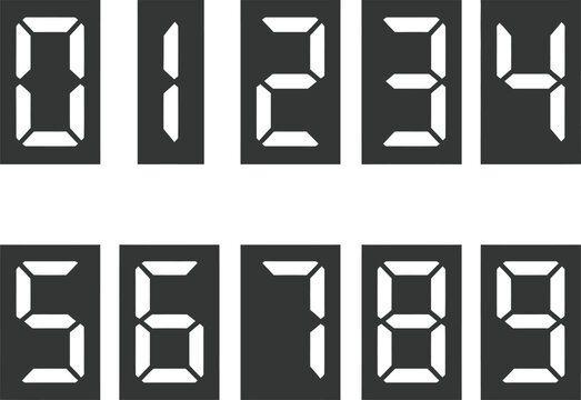 A flat vector set of digital seven-segment display numbers from zero to nine. White LED-style digits are arranged on dark grey rectangular backgrounds, simulating a digital clock or electronic timer.