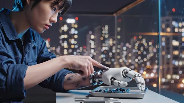 Woman with bionic arm works on her prosthetic hand. The woman is a cyborg repairing her robotic arm. This futuristic technology is a bionic prosthetic. The scene shows human and machine integration.